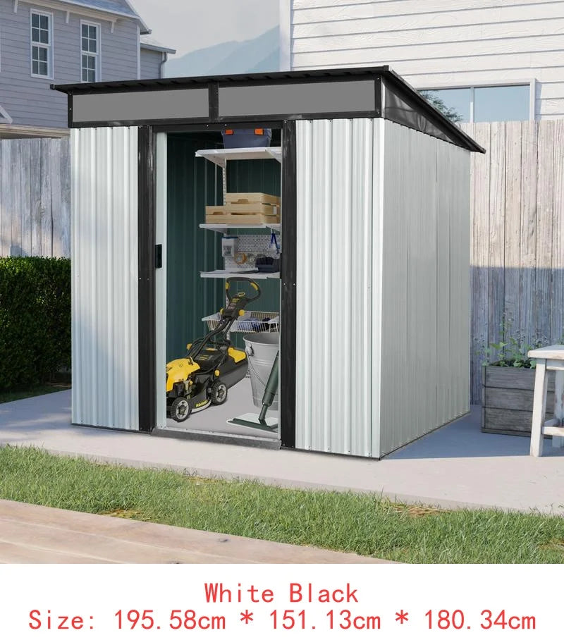 6ft x 5ft Outdoor Metal Storage Shed with Lockable Sliding Doors and Transparent Panel for Garden and Lawn - White & Black