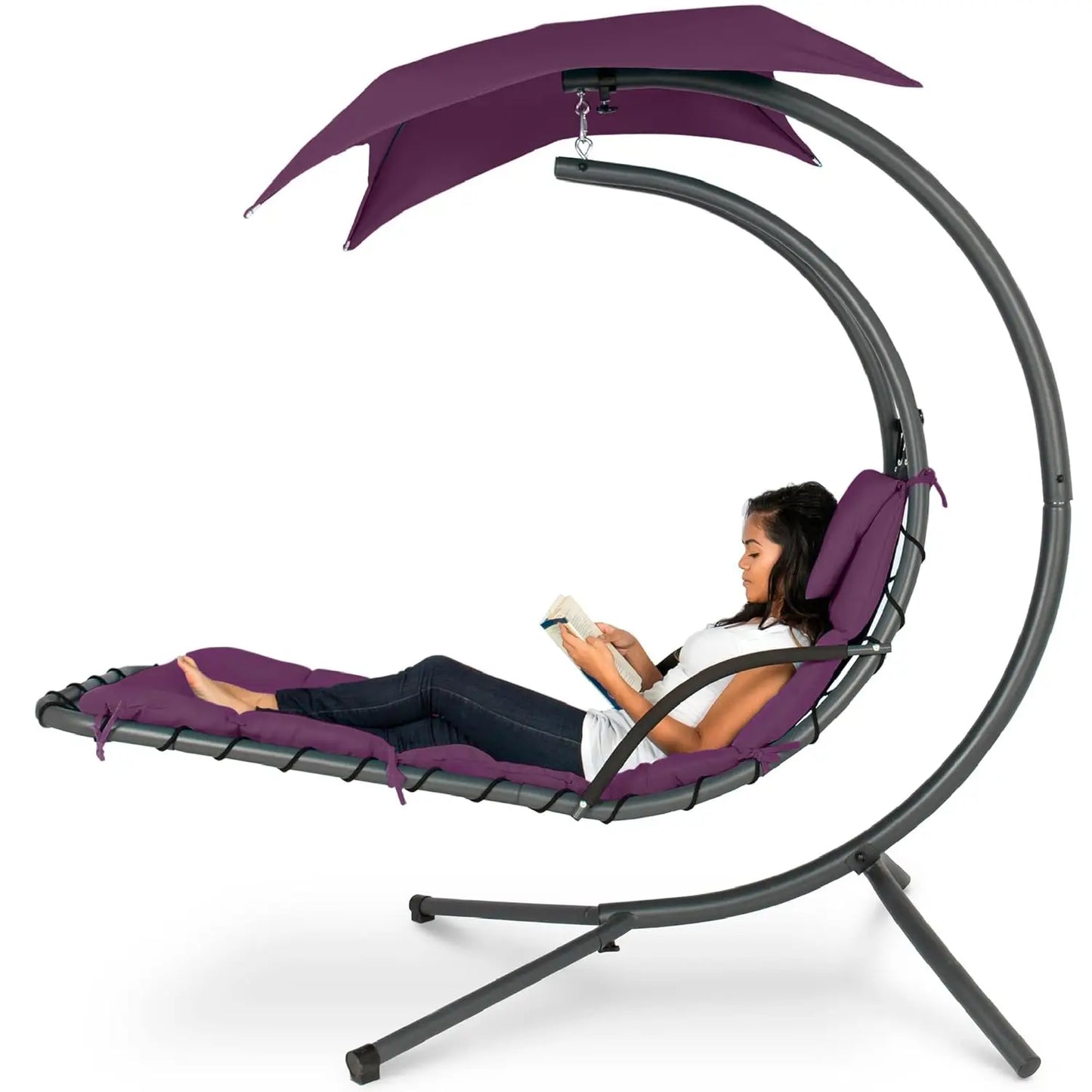 Outdoor Hanging Curved Steel Chaise Lounge Chair Swing w/Built-in Pillow and Removable Canopy - Peacock Blue, Customized