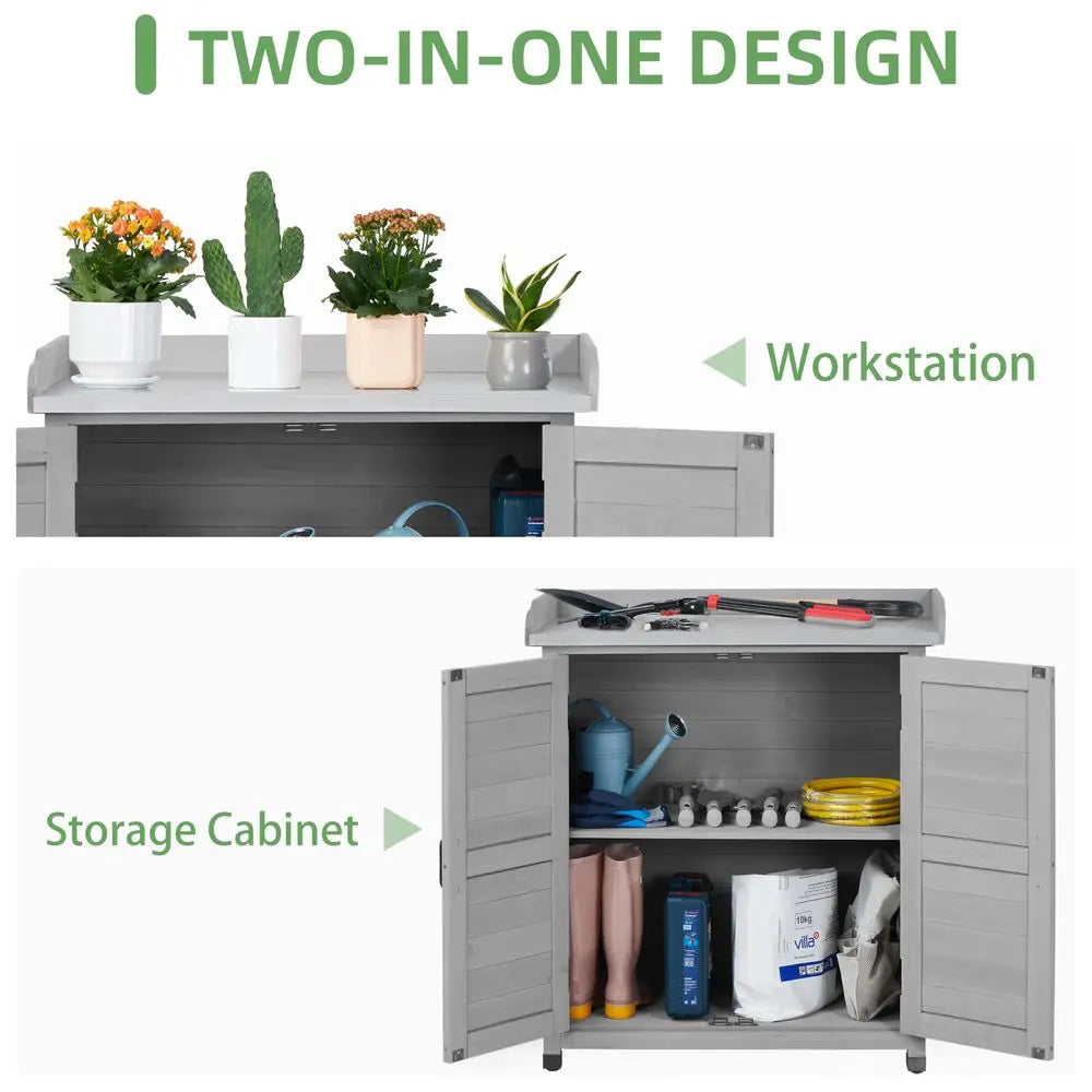 Bench with Storage Cabinet and Metal Table Top for Outdoor Patio, Garden Furniture Wood Workstation Classsic Grey, 31.5x17x39