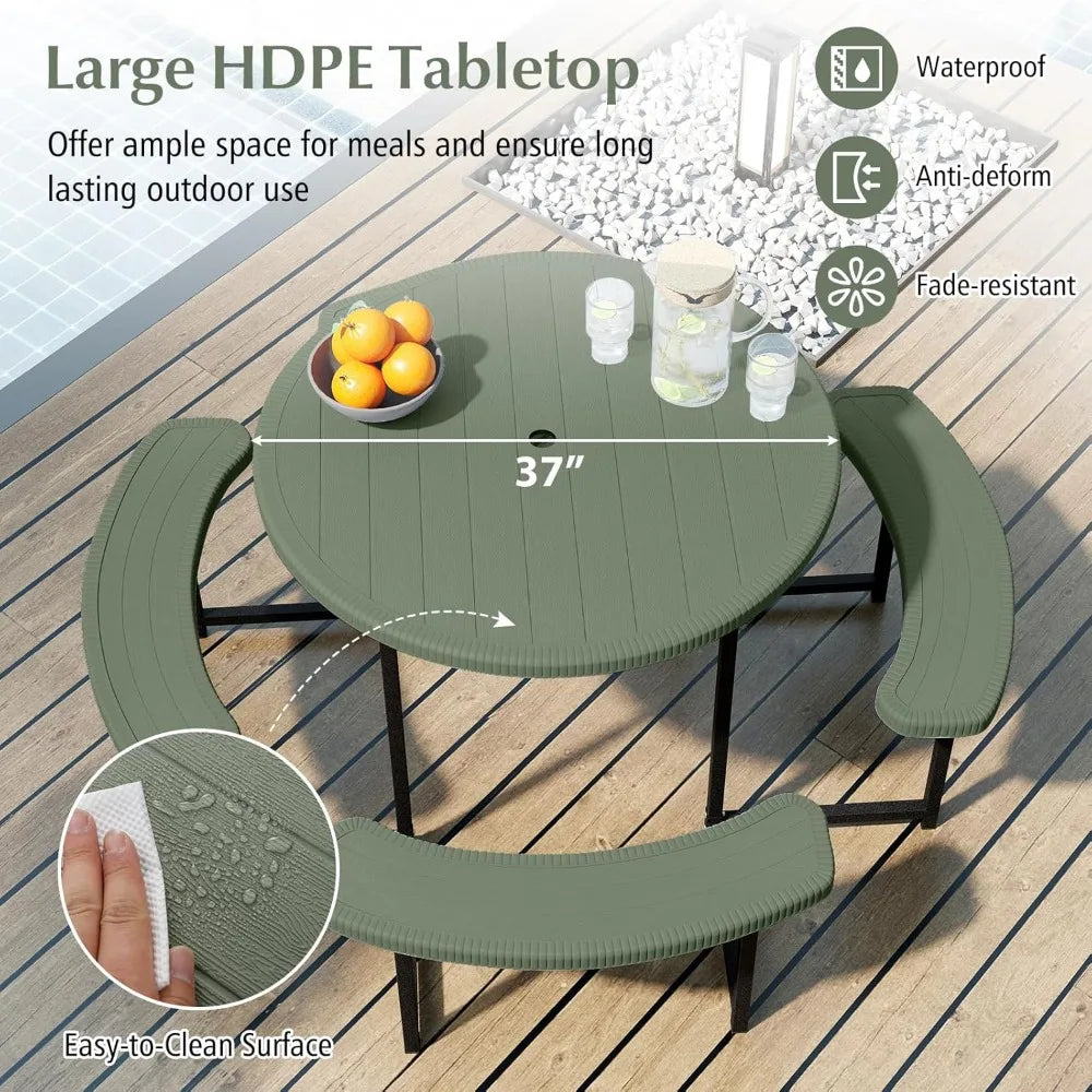 Picnic Table and Chair Set for 4-8 People, 37-inch Round Outdoor Table with Umbrella Holes, Customizable