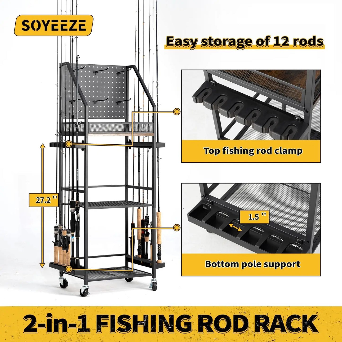 3-Tier Fishing Rod Storage Cart with Pegboard, Holds 12 Rods, Lockable Wheels for Garage Organization