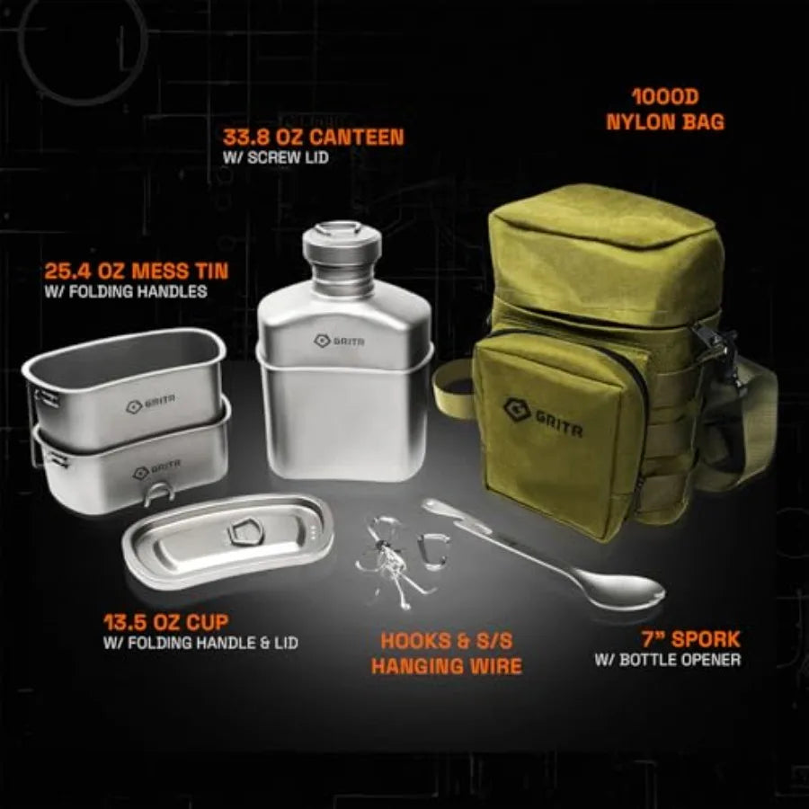 GRITR Titanium Canteen Mess Kit for Backpacking Hiking Fishing Compact Ultralight Durable Open Fire Cookware Set in Silver with