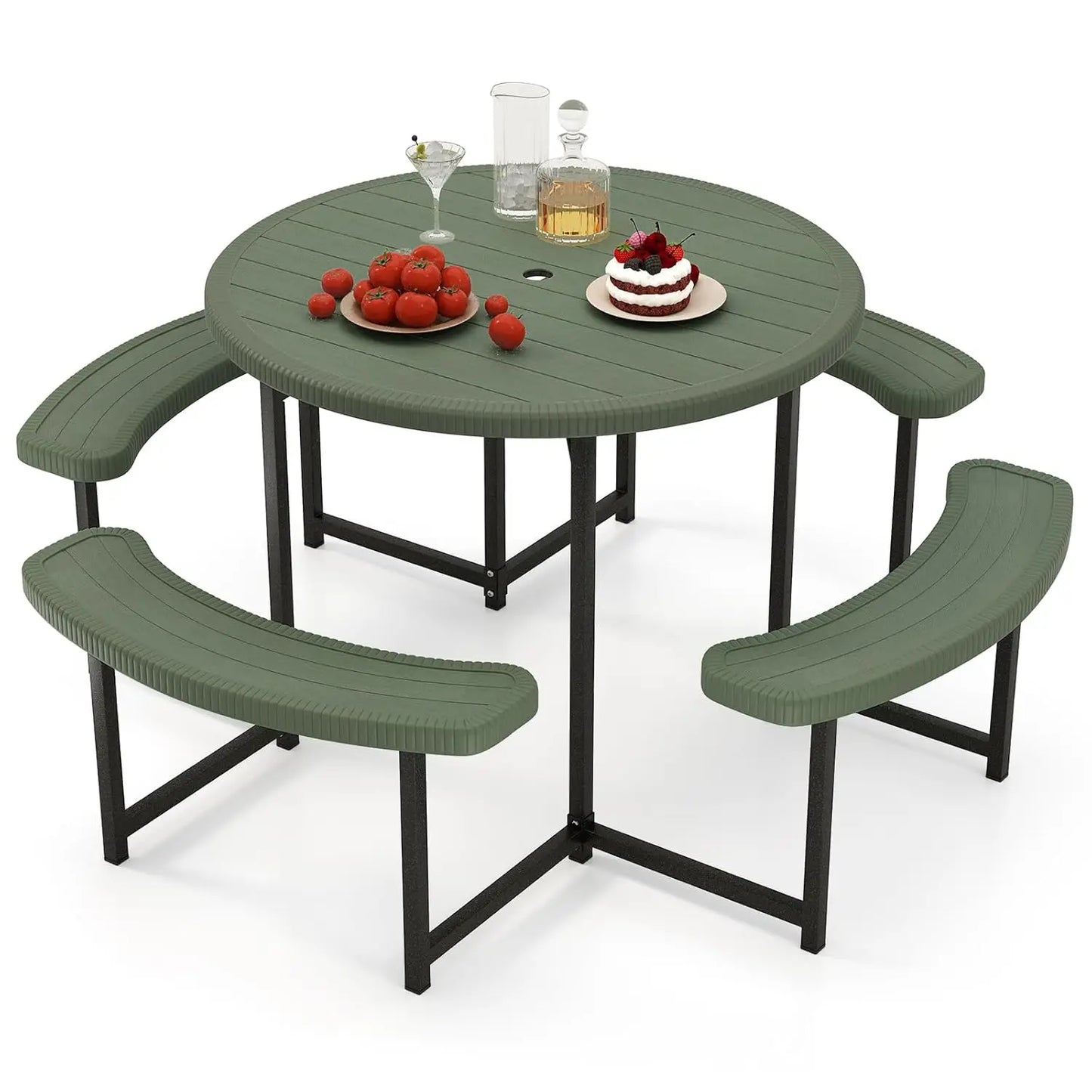 Picnic Table and Chair Set for 4-8 People, 37-inch Round Outdoor Table with Umbrella Holes, Customizable