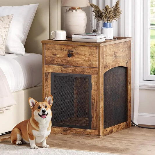 Dog Crate urniture, Dog Kennel with Der and Charging Station, Indoor Decorative Puppy House, Wooden Pet Crate End Table or Small