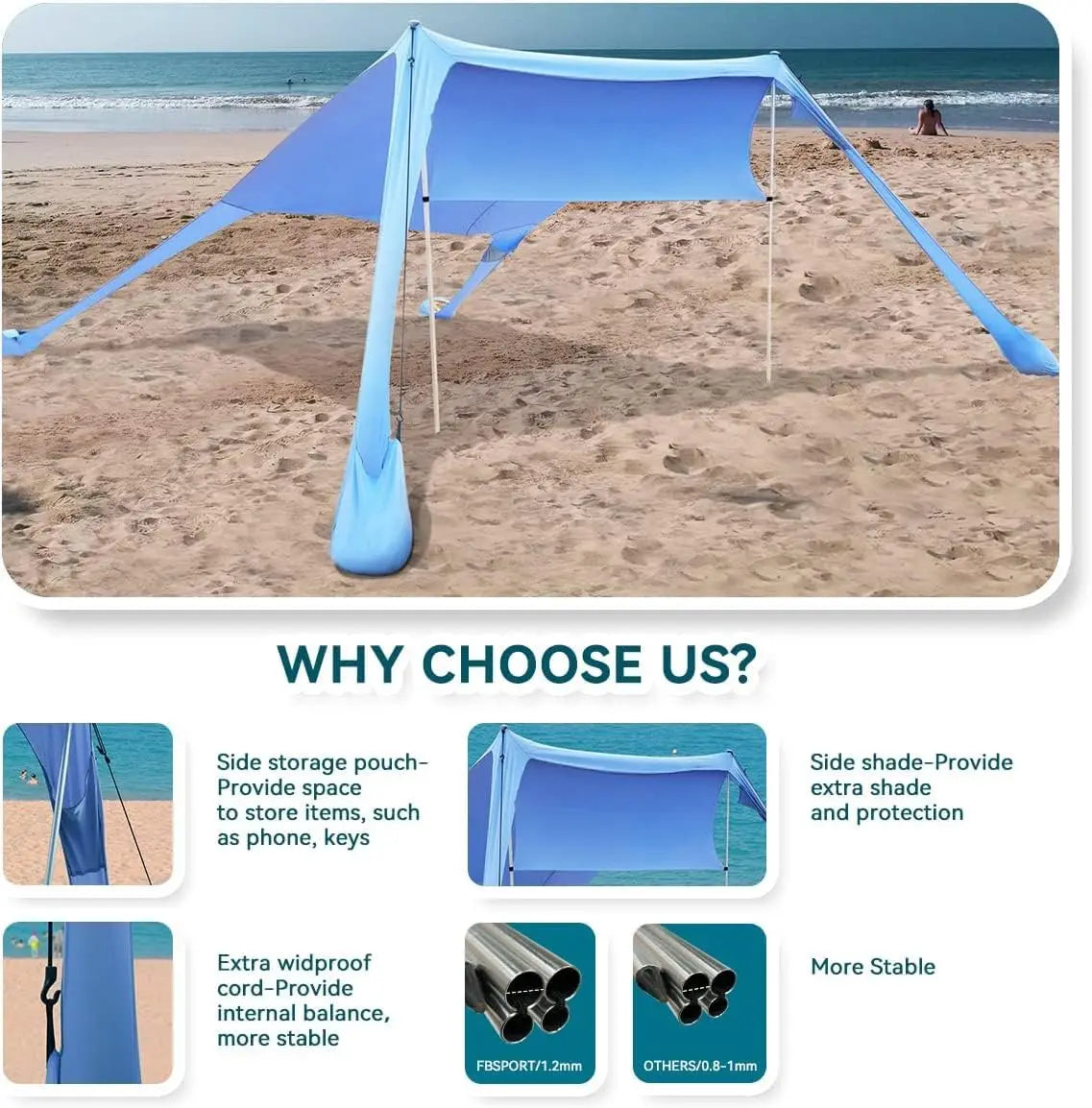 Beach Tent Sun Shelter, Portable Beach Shade Canopy UPF50+ with Sandbags for Outdoor Family Camping