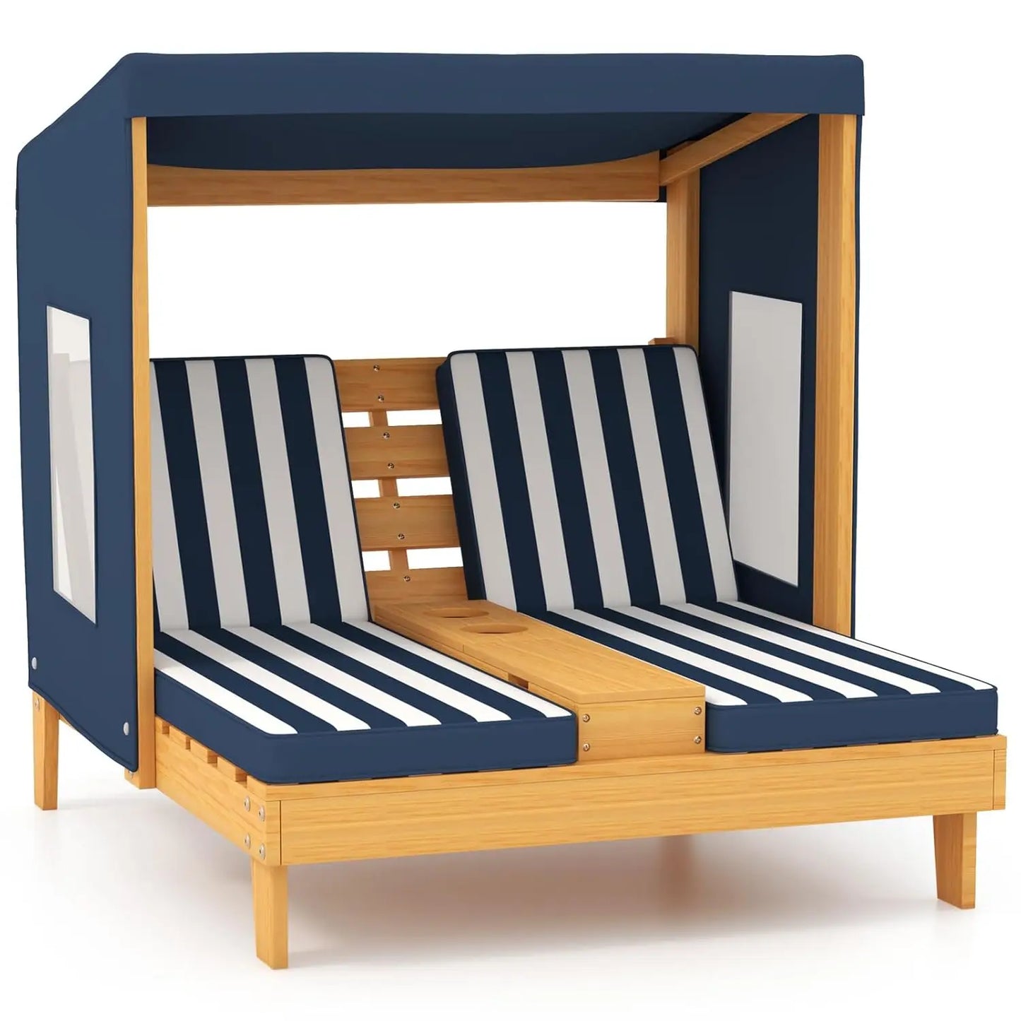 Kids Chaise Lounge Chair Outdoor, Toddler Wood Double Pool Lounger Chairs w/Canopy, Cup Holders, Removable Stripped, Customized