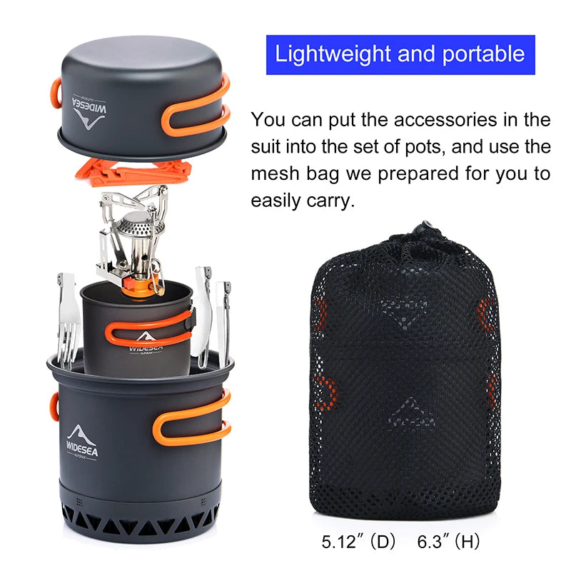 Widesea Portable Camping Cookware Set Aluminum  1.3L Pot 440ML Cup Stove Cutlery Set Bracket for Outdoor Cooking Hiking Backpack