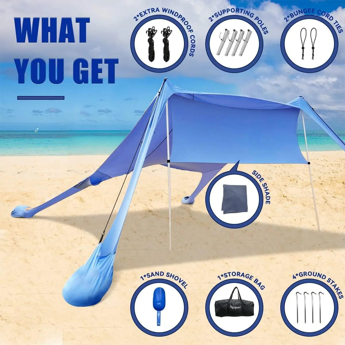 Beach Tent Sun Shelter, Portable Beach Shade Canopy UPF50+ with Sandbags for Outdoor Family Camping