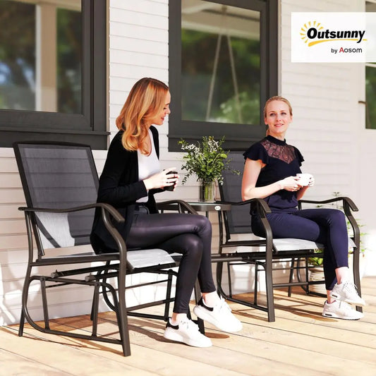 Outdoor Glider Chairs with Coffee Table, Patio 2Seat Rocking Chair Swing Loveseat with Breathable Sling for Backyard, Garden, a