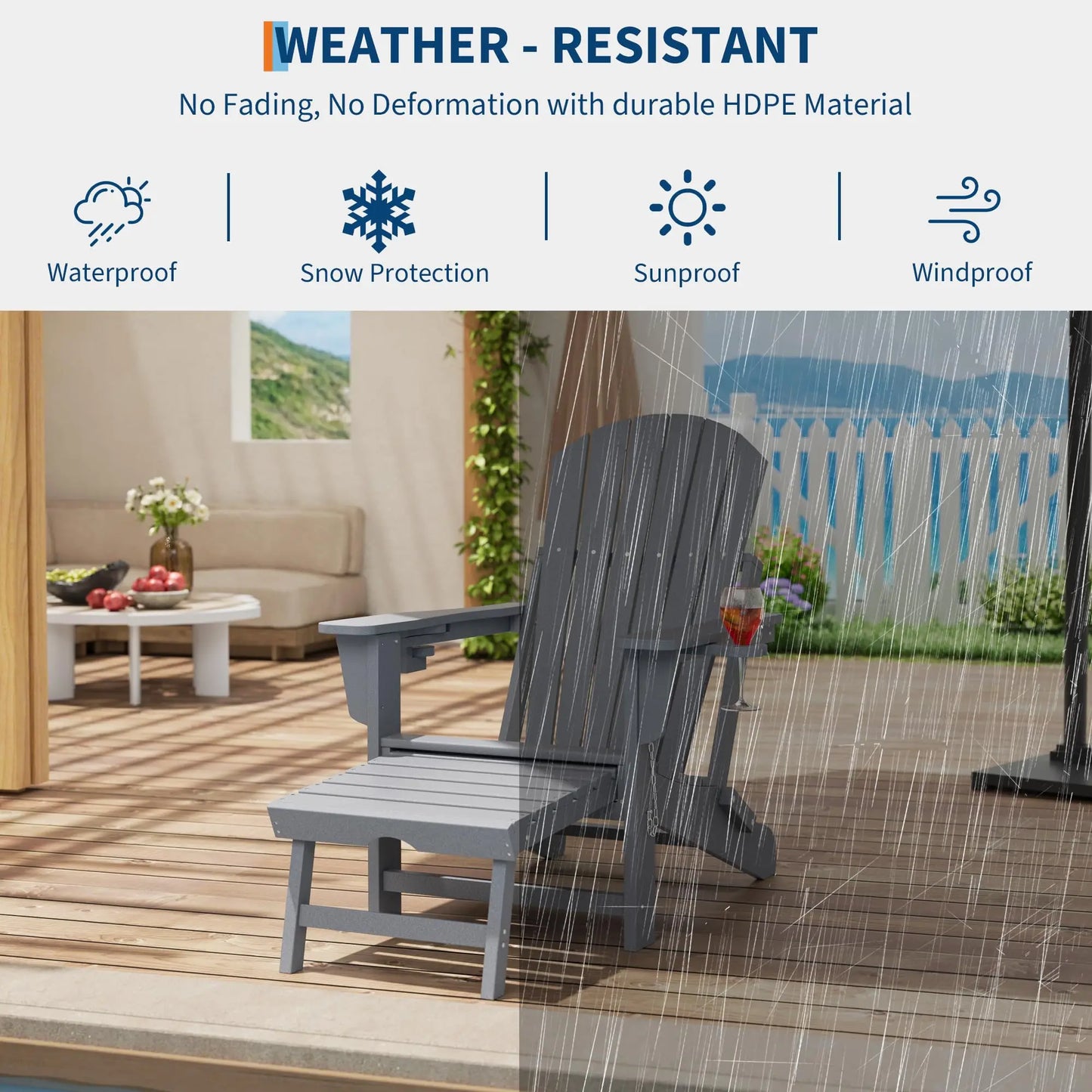 Rocking Chairs Folding  With Footrest, Adirondack RockingChair Outdoor With Retractable Ottoman and Cup Holder