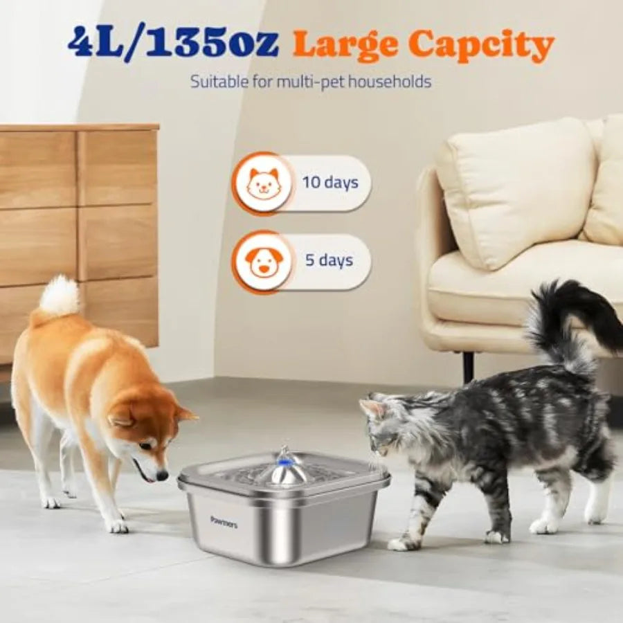 Cat Water Fountain Stainless Steel: 4L/140oz Pet Fountain Water Bowl Indoor, Automatic Dog Drinking Dispenser, Cat Feeding Wate