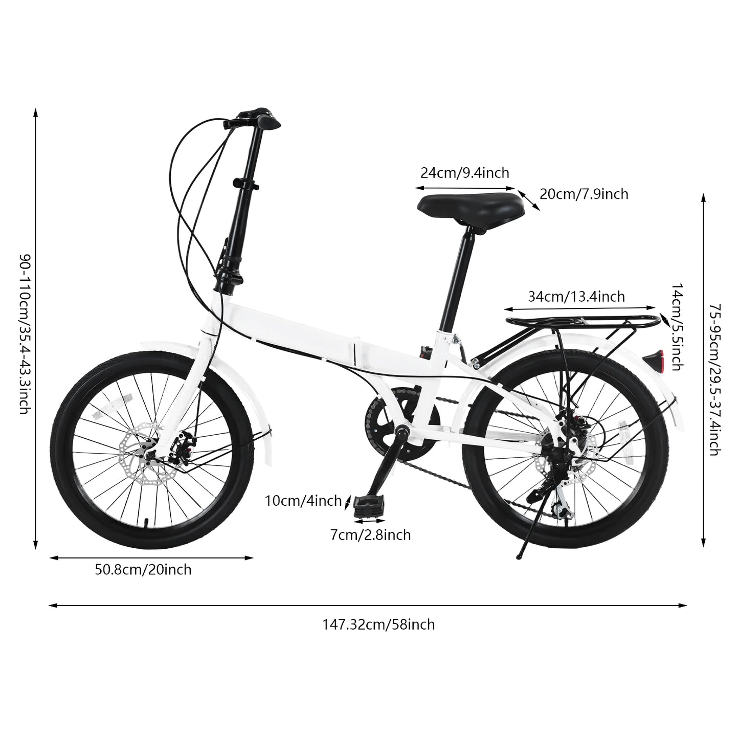 20’’ Foldable Bicycle Mountain Bike with 7 Speed Gears Wheels Easy Folding City Bicycle Adjustable Height for Exercising