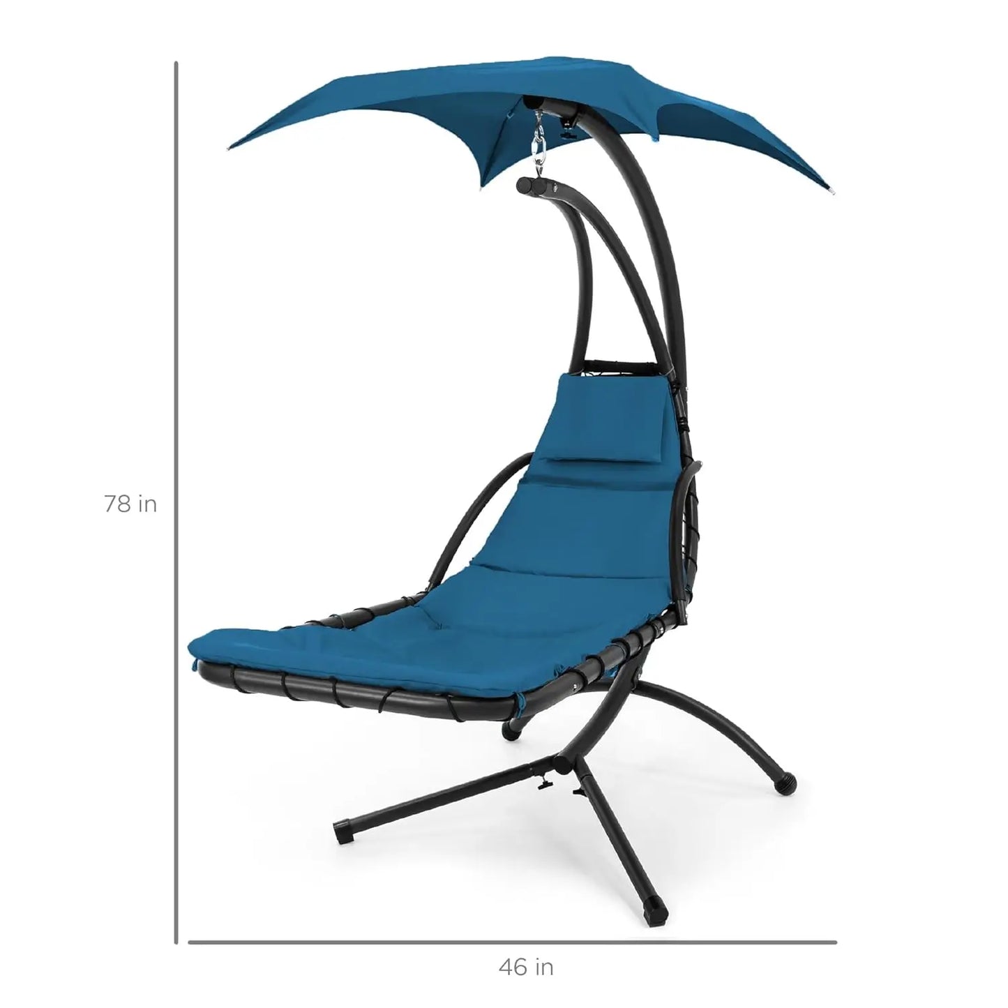 Outdoor Hanging Curved Steel Chaise Lounge Chair Swing w/Built-in Pillow and Removable Canopy - Peacock Blue, Customized