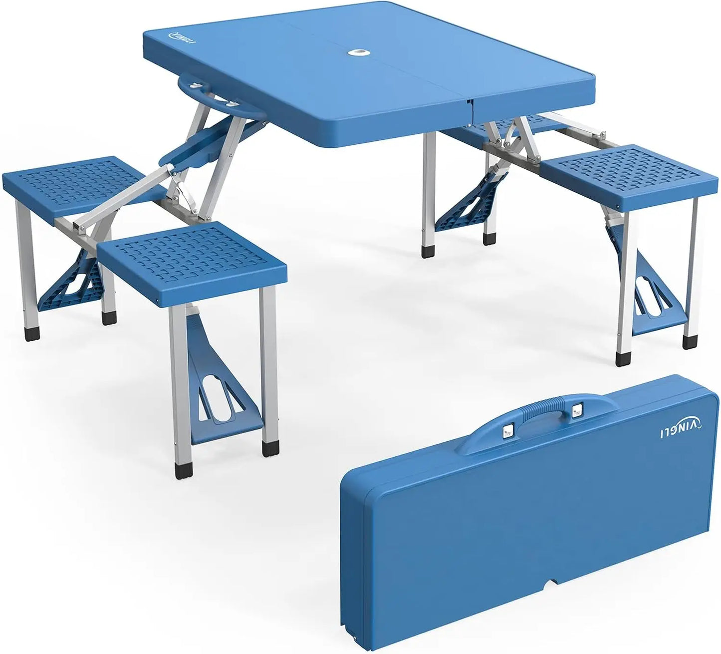 mesa para picnic plegable,4 Ft Camping Picnic Table Set with 4 Seats with Umbrella Hole Folding Lightweight Suitcase Card Table