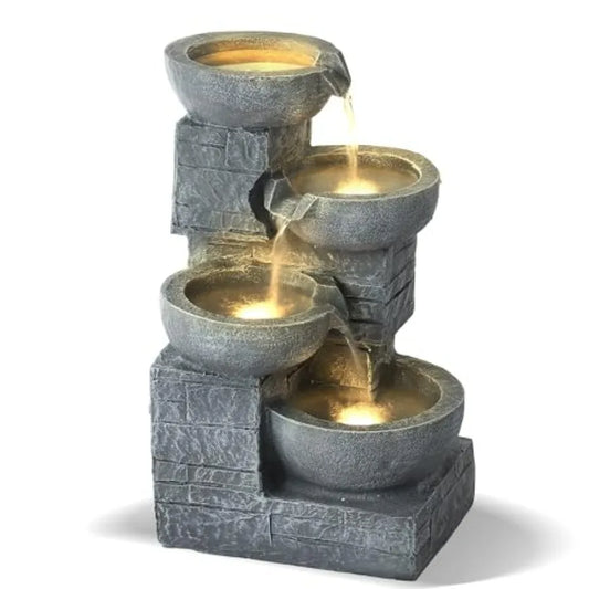 Outdoor 4-Tiers Water Fountain Garden Cascading Waterfalls Fountain with 4 LED Lights 21.9 H Modern Indoor/Outdoor Bowl Waterfa