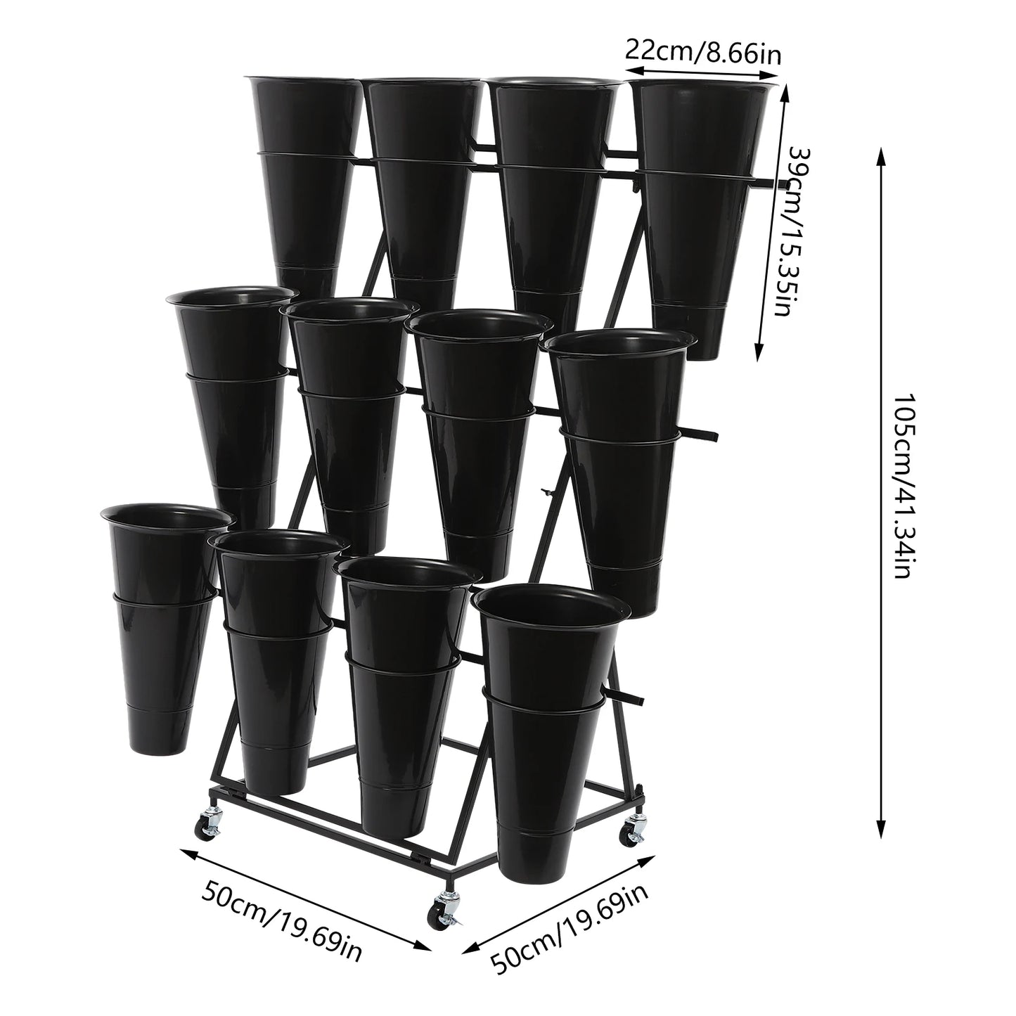 50*50*105cm Flower Display Iron Stand 3 tier Flower Holder Flower Display Stand with 12 Pieces Buckets Black
