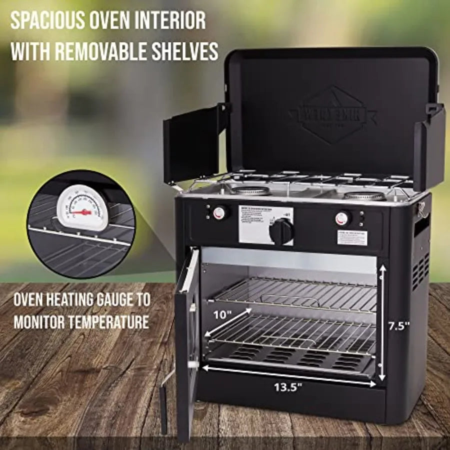 Outdoor Gas Camping Oven w/Carry Bag CSA Approved Portable Propane-Powered 2-Burner Stove with Auto Ignition and Overheat Safet