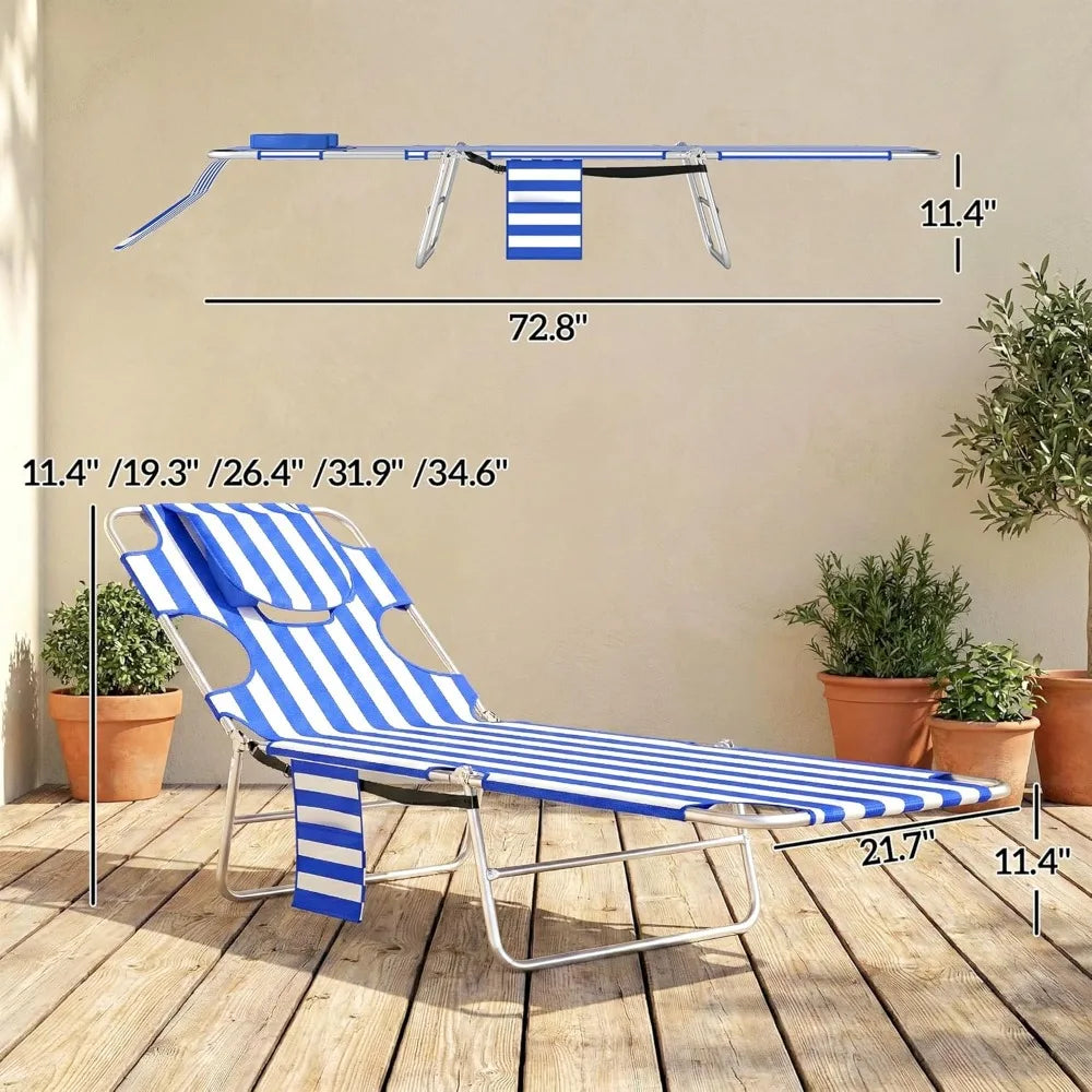Outdoor Folding Chaise Lounge Chair with Face Hole, 5-Position Reclining Tanning Bed for Beach Pool Patio, Blue Stripe