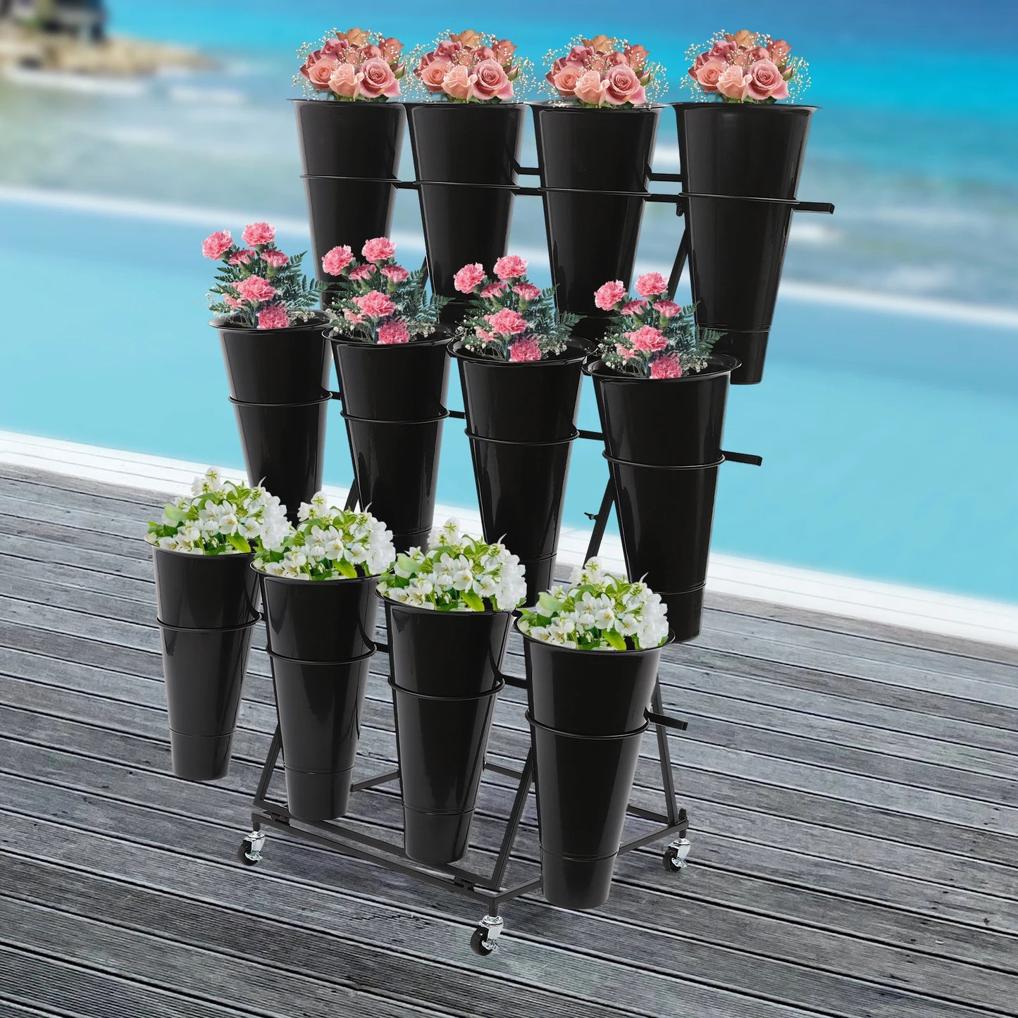 50*50*105cm Flower Display Iron Stand 3 tier Flower Holder Flower Display Stand with 12 Pieces Buckets Black