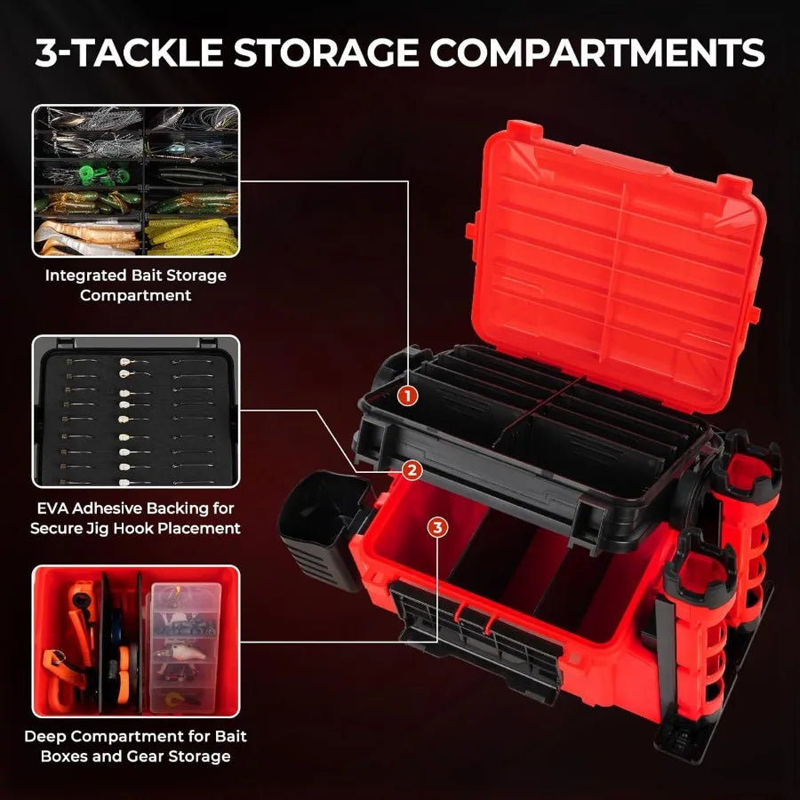 Portable Tackle Storage Box with Adjustable Rod Holder and Cup Holder Removable Dividers for Fishing