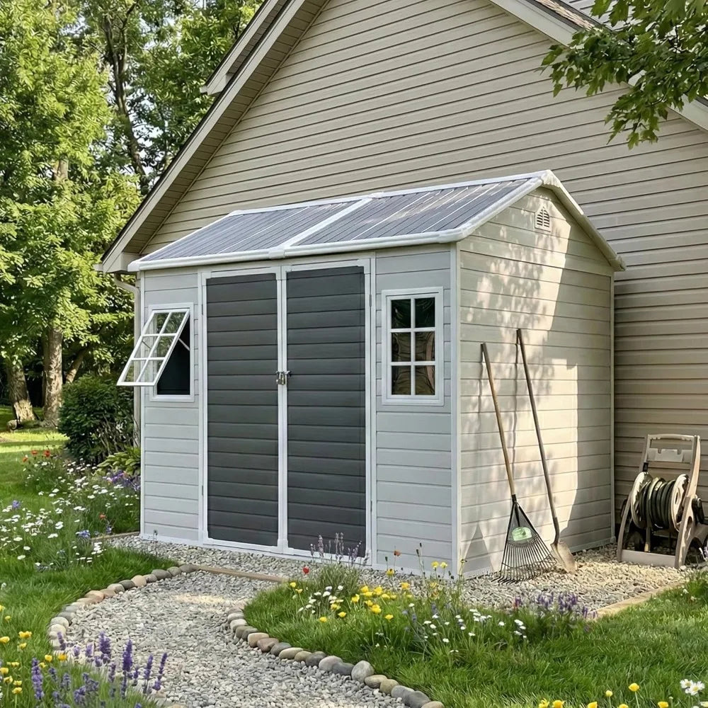 8x6 FT Resin Storage Shed with Floor & Adjustable Windows Large Outdoor Shed Waterproof Plastic Garden Sheds for, Customized