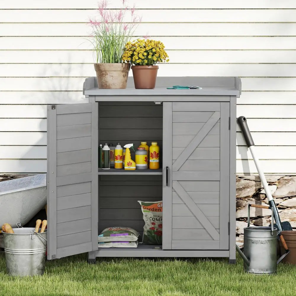 Bench with Storage Cabinet and Metal Table Top for Outdoor Patio, Garden Furniture Wood Workstation Classsic Grey, 31.5x17x39