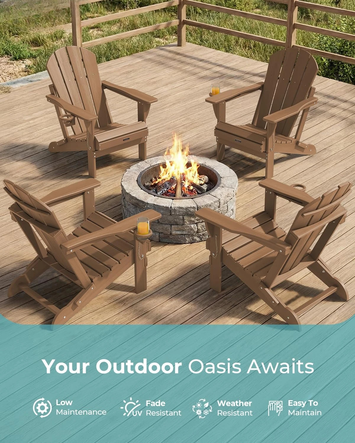 Weather Resistant Folding Adirondack Chair 4 Pack Plastic Fire Pit Lawn Chair with Cup Holder for Outdoor Patio, Custom