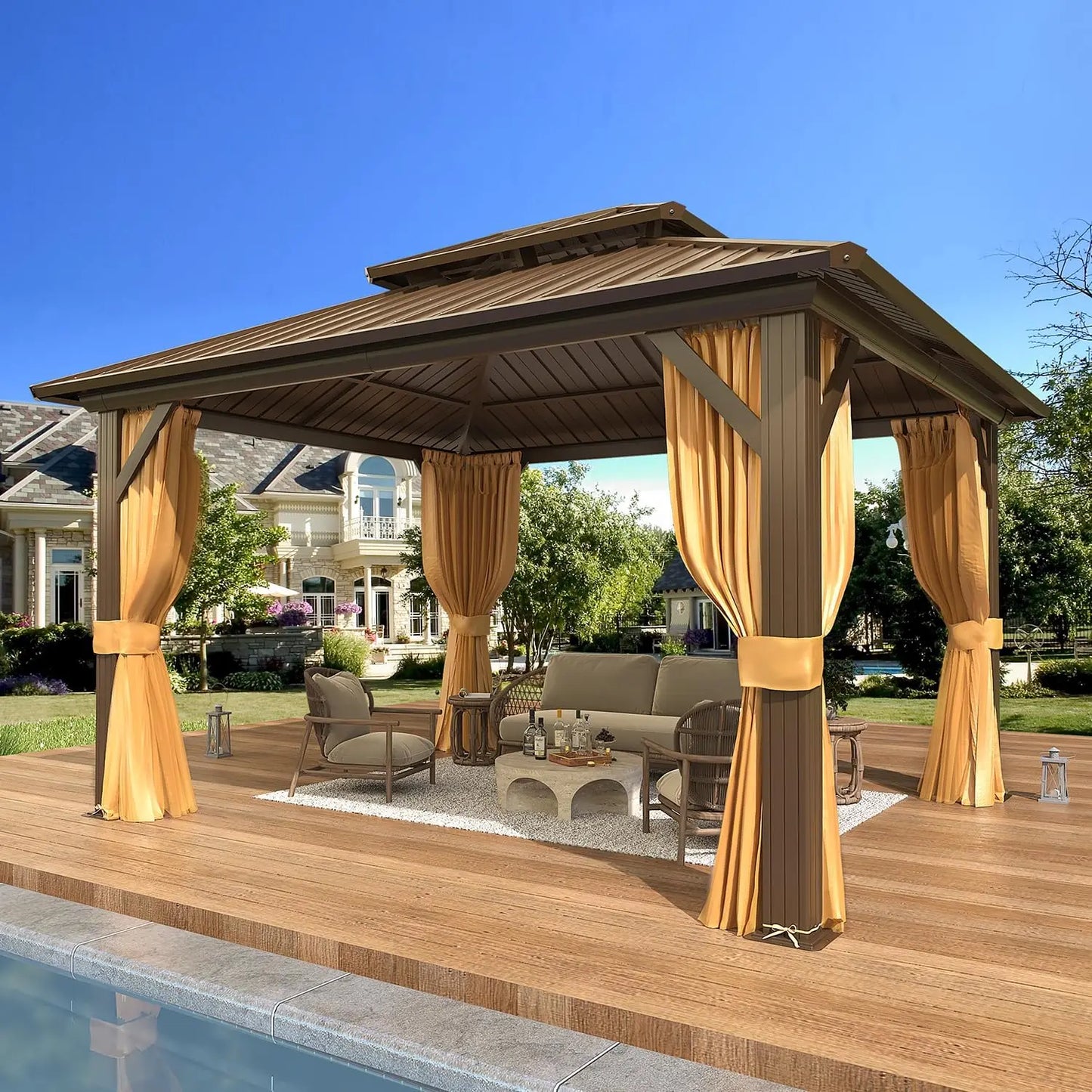 10' x 12' Hardtop Gazebo, Aluminum Frame Gazebos with Galvanized Steel Double Roof, Permanent Outdoor Metal Pavilion