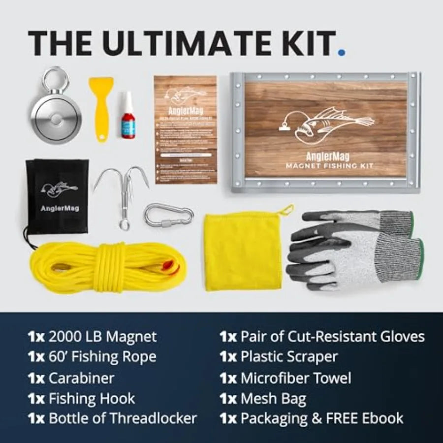 Magnet Fishing Kit 2000 lbs with Rope Carabiner Gloves Grappling Hook Carrying Bag 10 Piece Complete Set in Black Steel