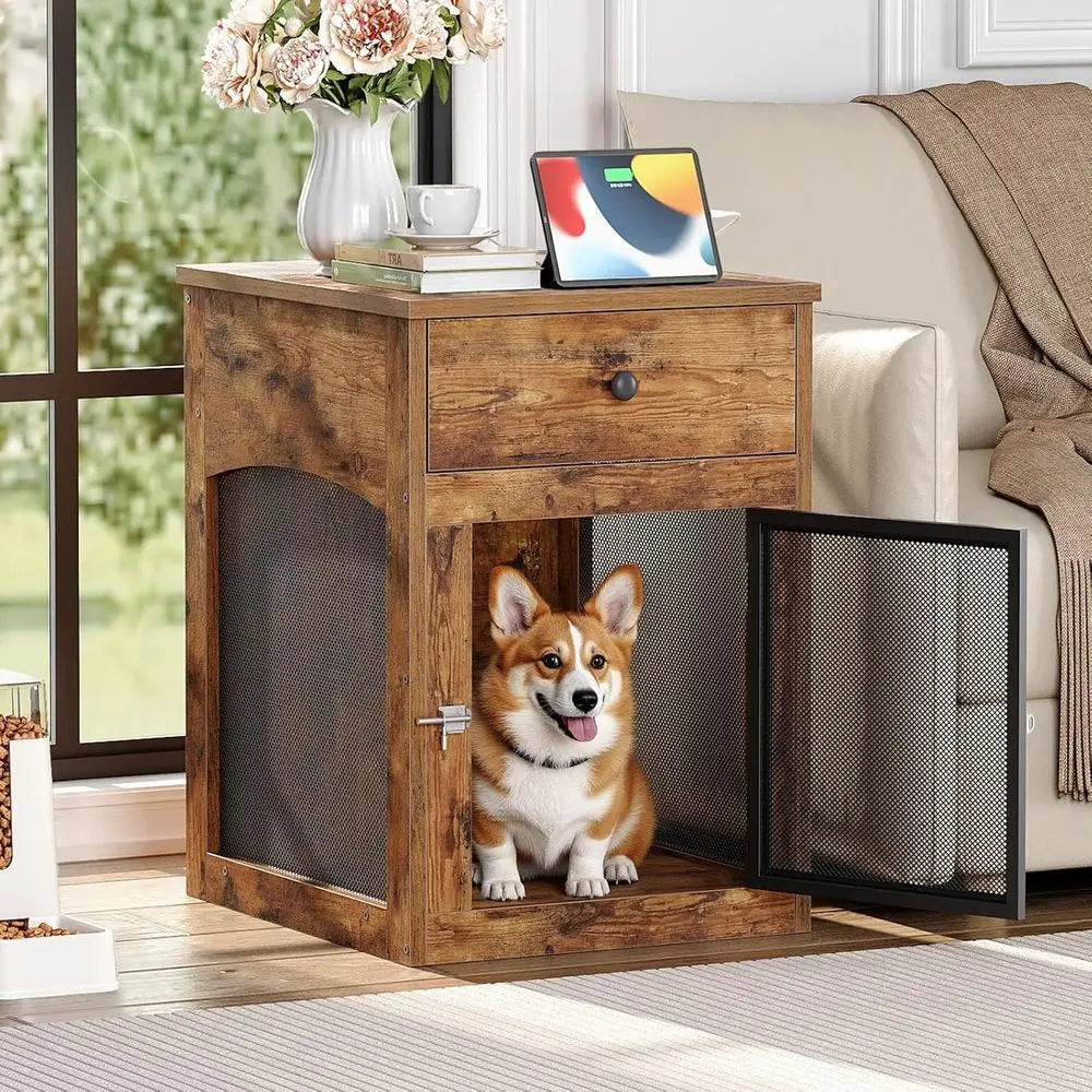 Dog Crate urniture, Dog Kennel with Der and Charging Station, Indoor Decorative Puppy House, Wooden Pet Crate End Table or Small