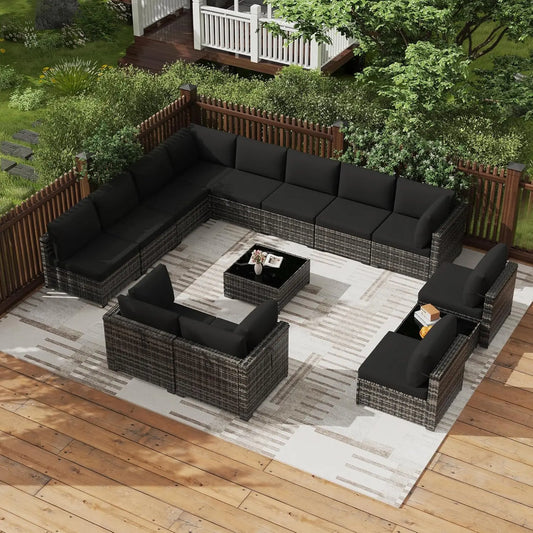 -Piece PE Rattan Outdoor Sectional Sofa, All-Weather Wicker Patio Conversation Set with Cushions & Coffee Table Gar