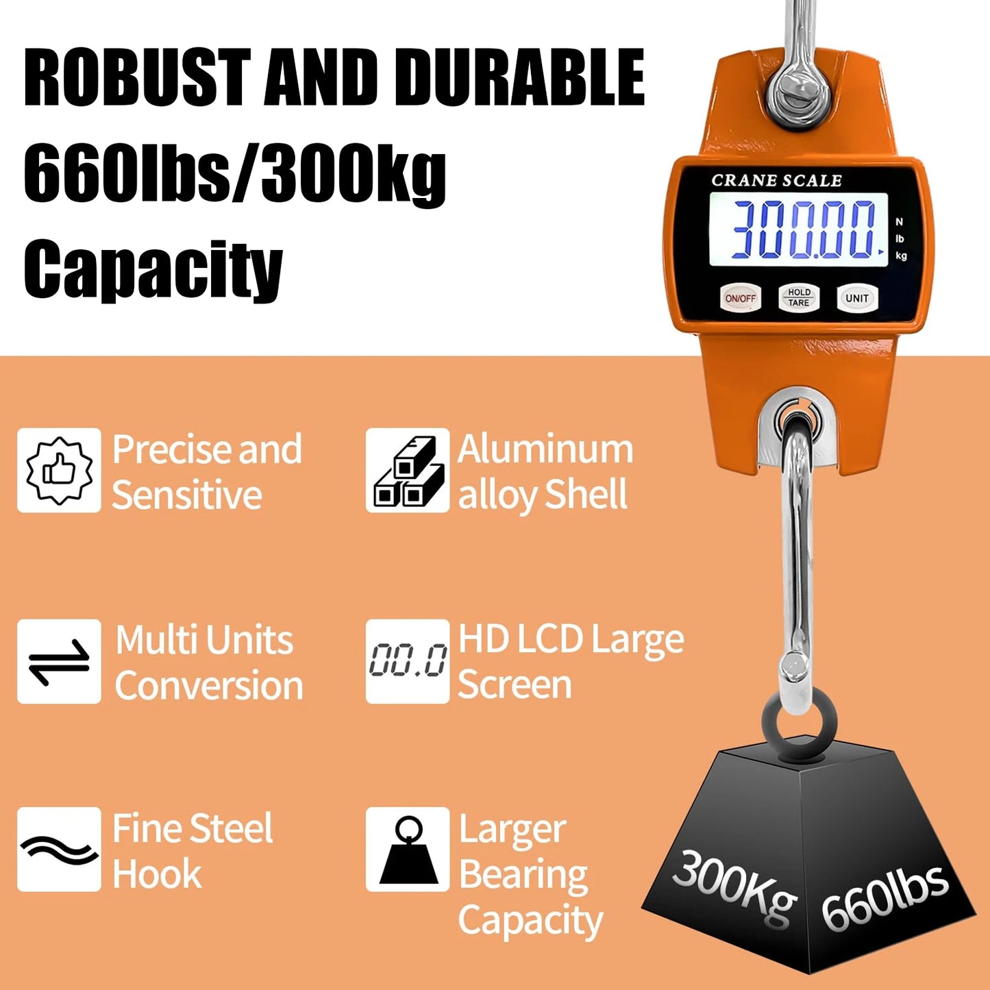 660lb Digital Hanging Scale with Cast Aluminum Case Handheld 300Kg Mini Crane Scale with Hooks for Farm Hunting Fishing Outdoor