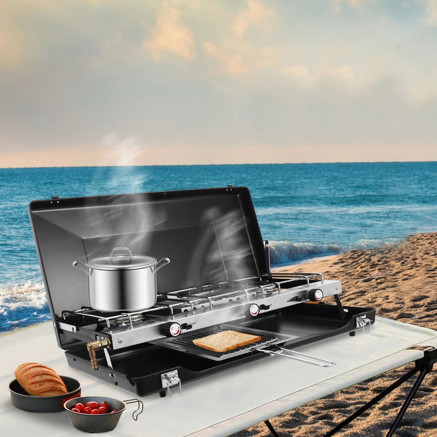 3 Burner Portable Camping Stove With Griddle And Windshield