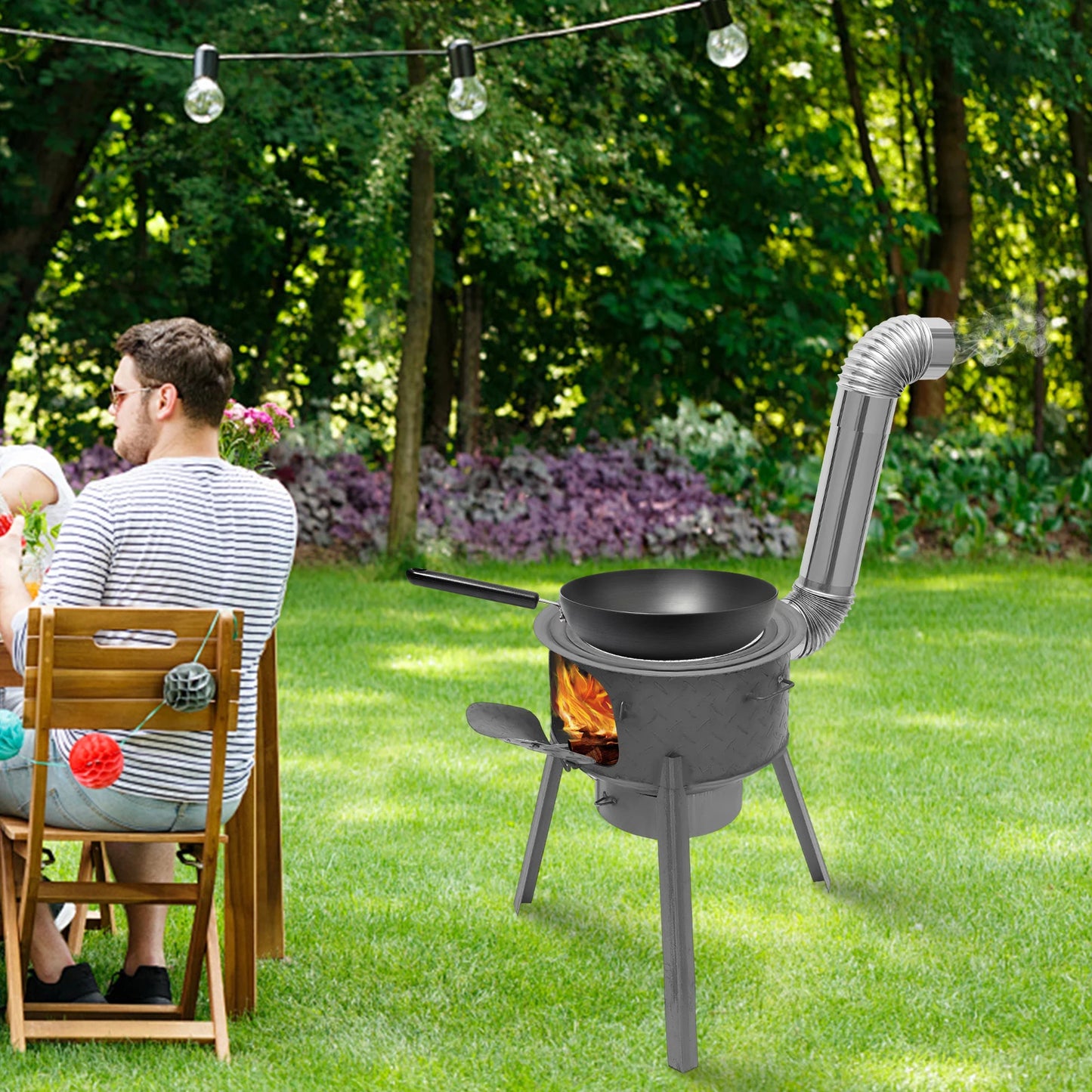 16.9 Inch Portable Wood Burning Stove with 3 Wok Rings, Portable & Detachable Design with Chimney for Yard Camping Garden BBQ