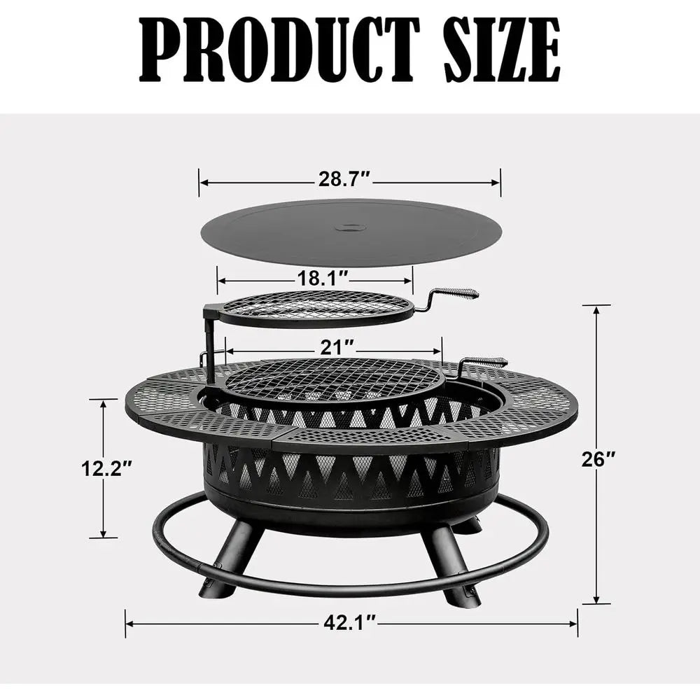 42 Double Grill Fire Pit - Outdoor Wood-Burning Fireplace for Camping, Picnics, Bonfires - 3-in-1 Metal Table with Lid for Backy