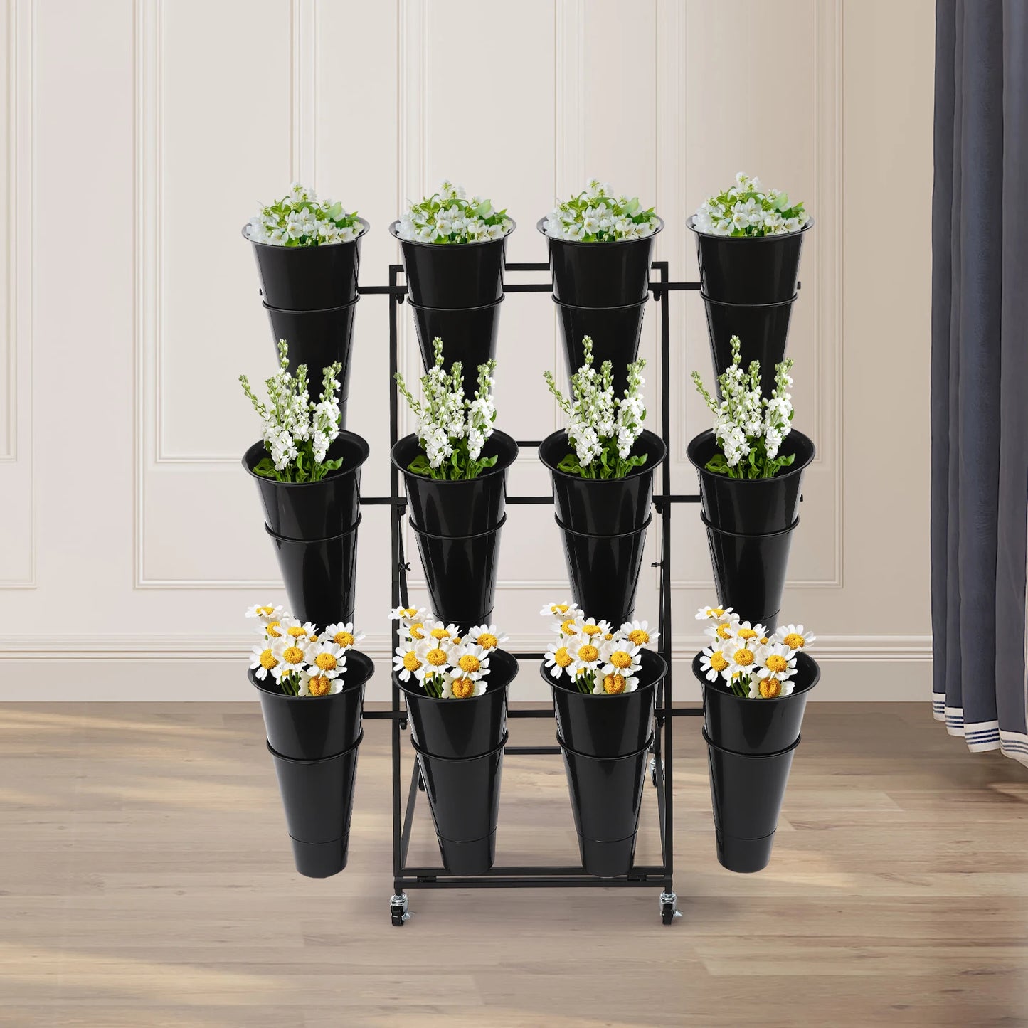 50*50*105cm Flower Display Iron Stand 3 tier Flower Holder Flower Display Stand with 12 Pieces Buckets Black